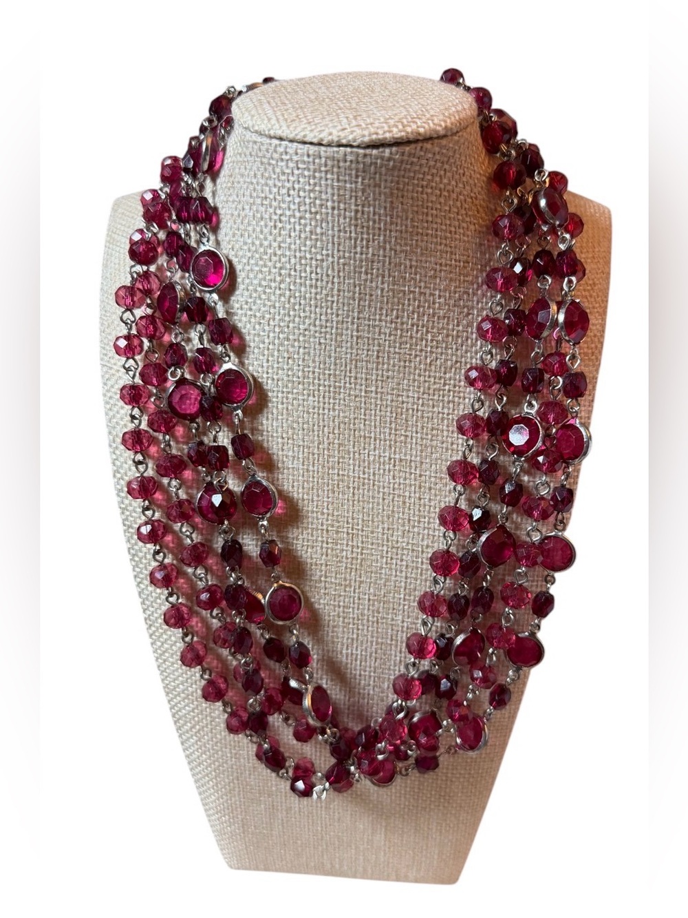 #791 Ruby Red 🌺 Multi Strand Beaded Statement Necklace 19” Silver Tone